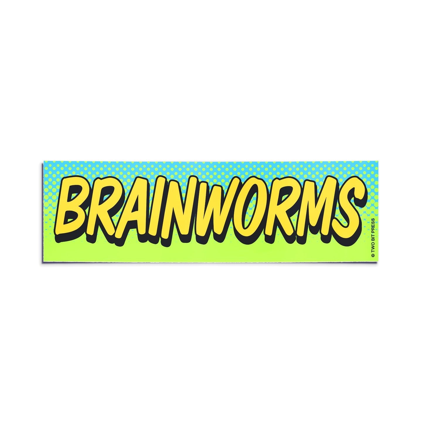 A vinyl bumper sticker reading "BRAINWORMS" on a white background.