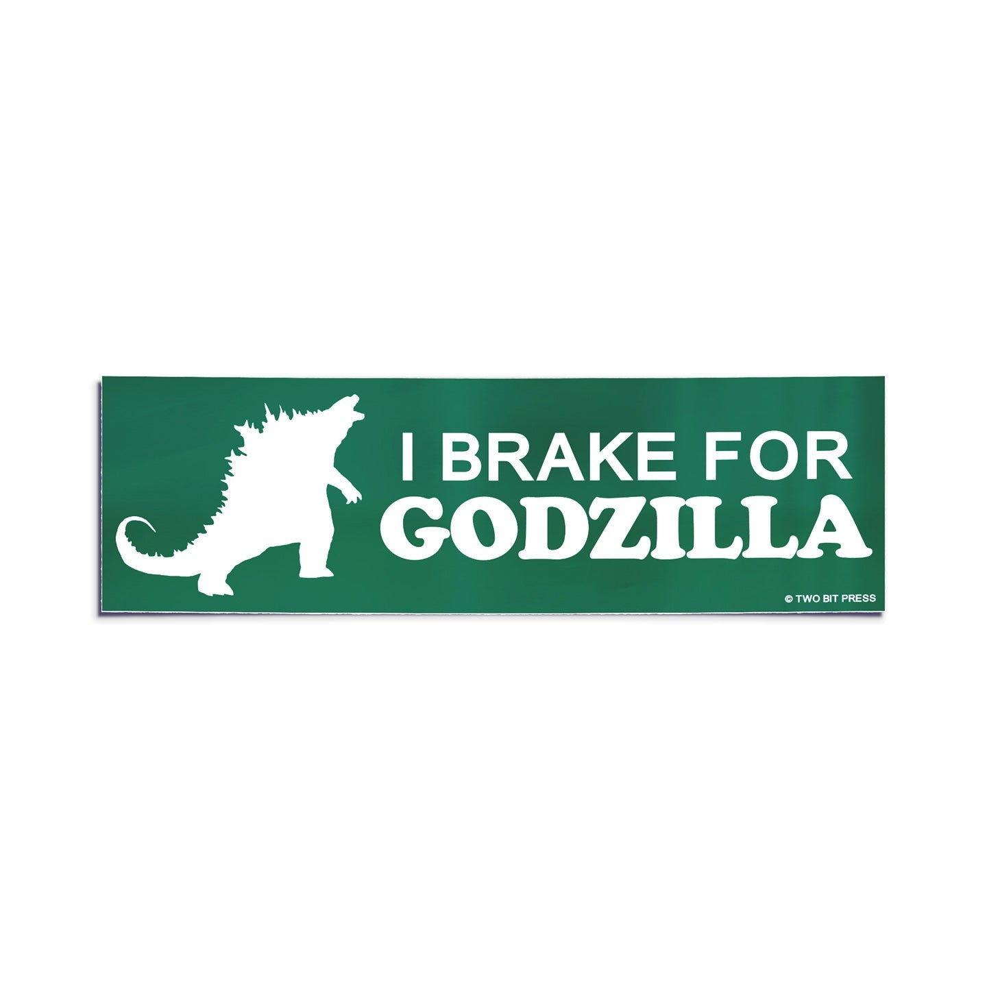 A vinyl bumper sticker showing Godzilla and the text "I BRAKE FOR GODZILLA" on a white background.