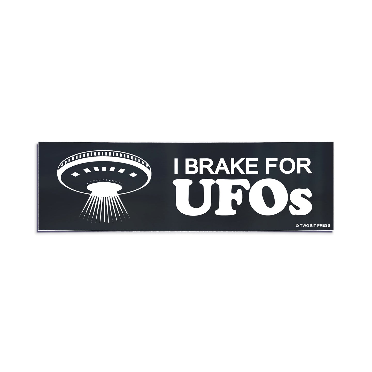 A vinyl bumper sticker showing a flying saucer and the text "I BRAKE FOR UFOS" on a white background.