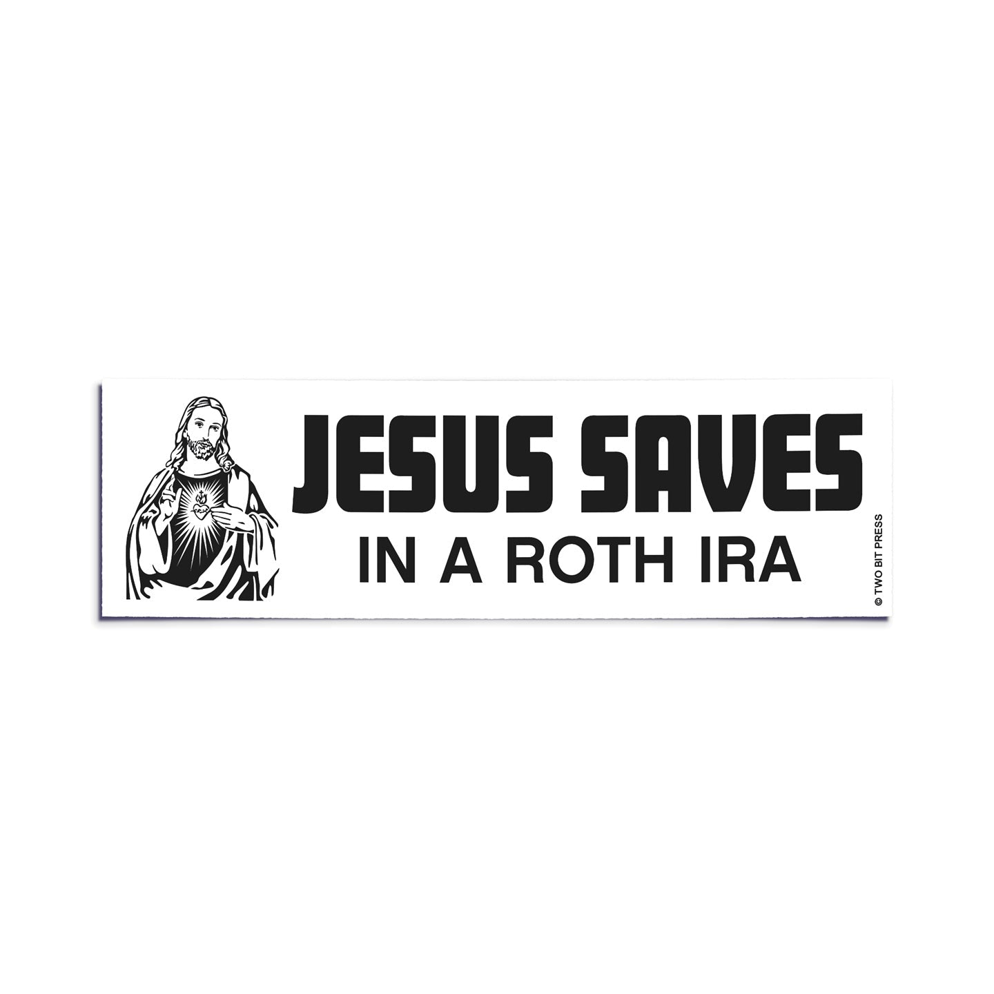 A vinyl bumper sticker showing Jesus and the text "JESUS SAVES IN A ROTH IRA" on a white background.