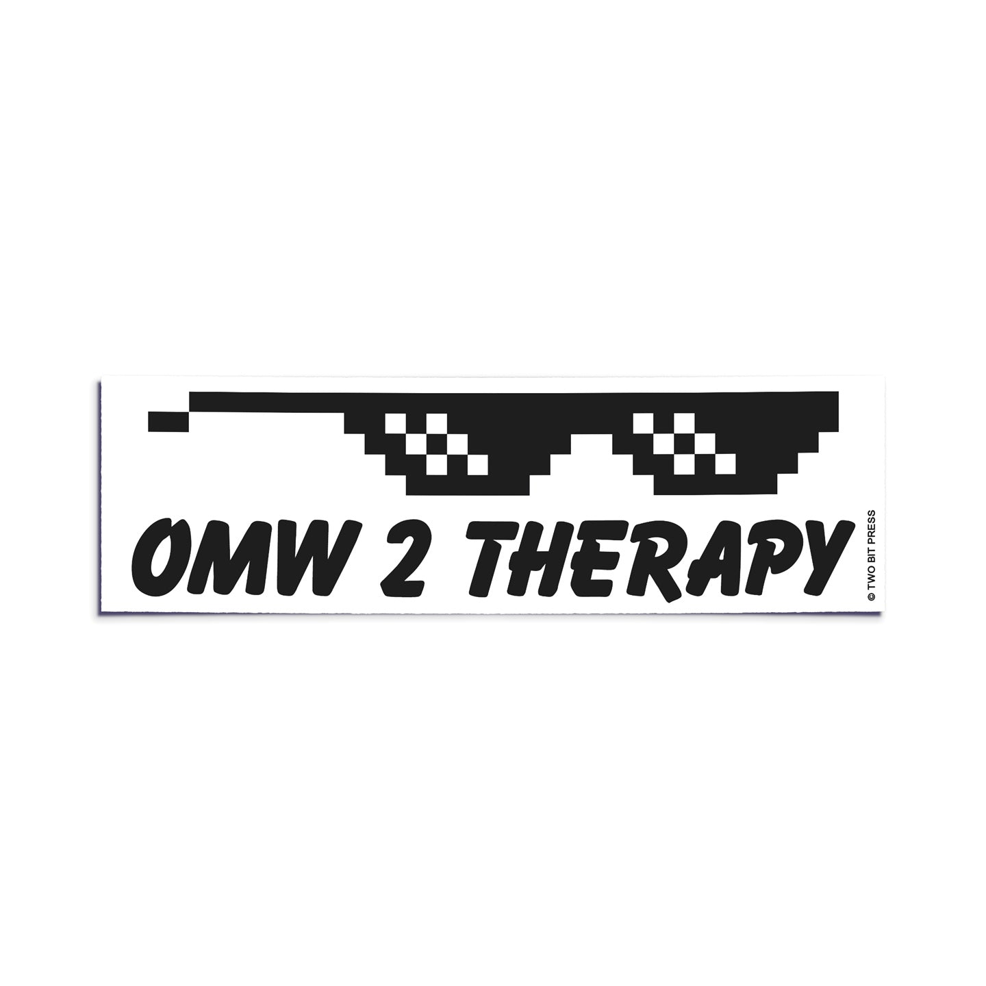 A vinyl bumper sticker showing sunglasses and the text "OMW 2 THERAPY" on a white background.
