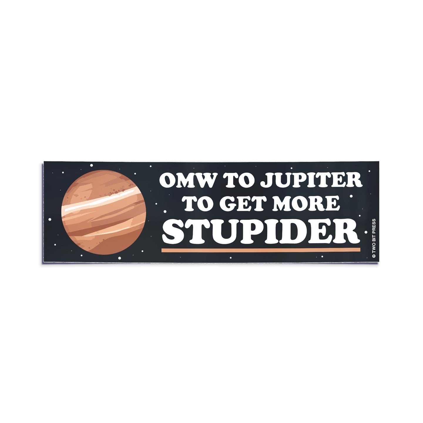 A vinyl bumper sticker showing Jupiter and the text "OMW to JUPITER" on a white background.