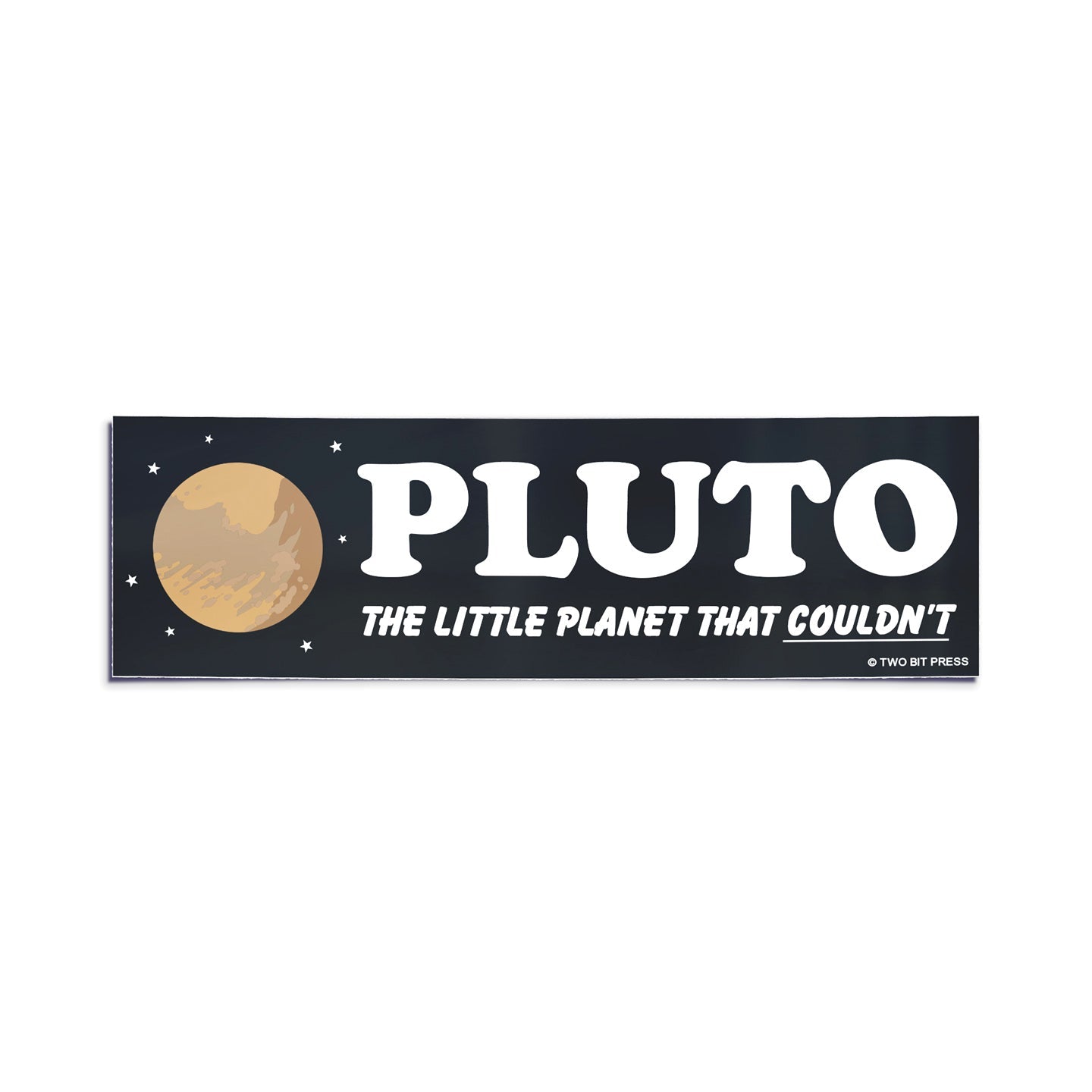 A vinyl bumper sticker showing Pluto and the text "PLUTO Little Planet" on a white background.