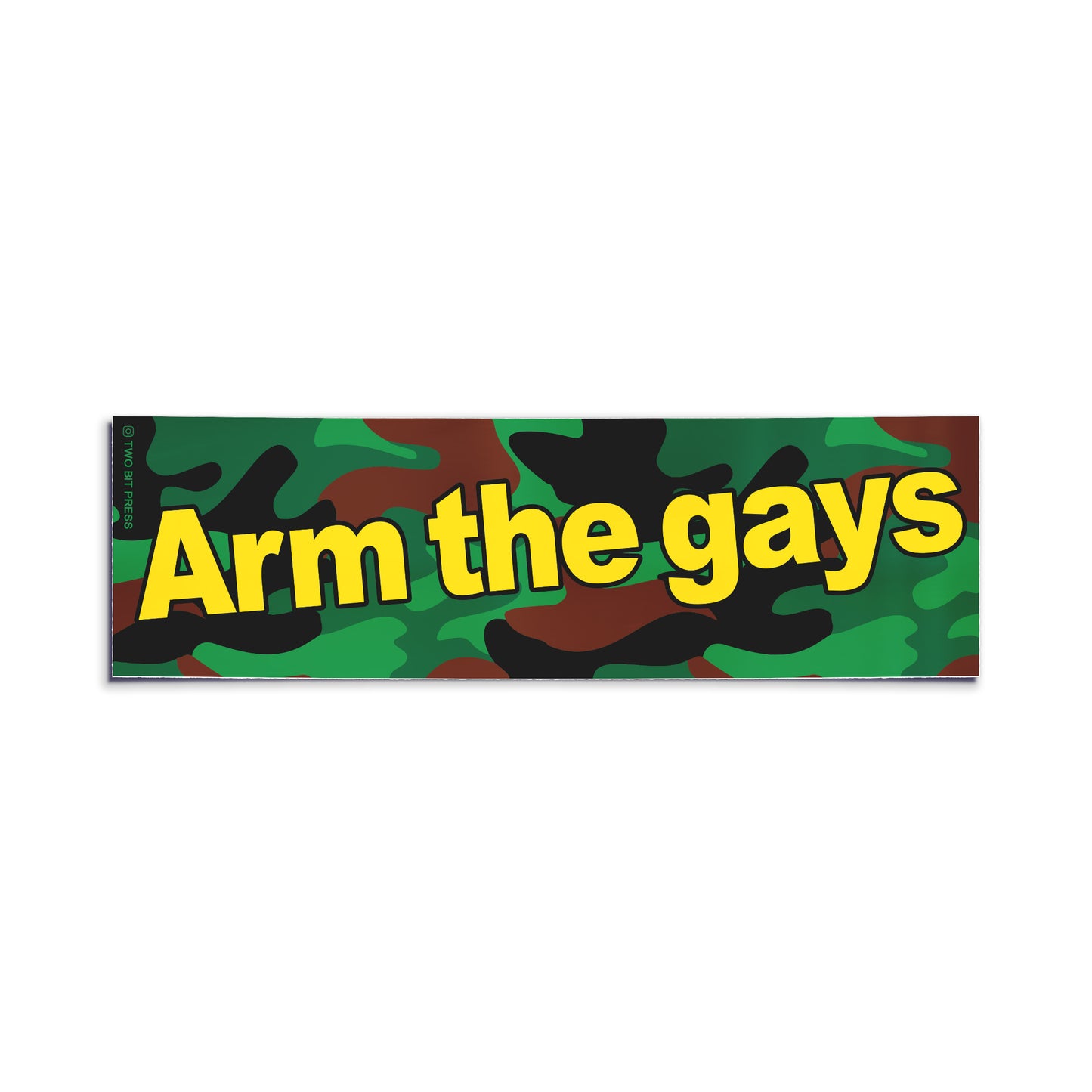 Camouflage bumper sticker with 'Arm the gays' text on a white background