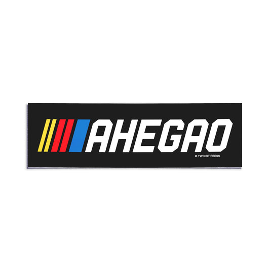 A vinyl bumper sticker reading "AHEGAO" on a white background.