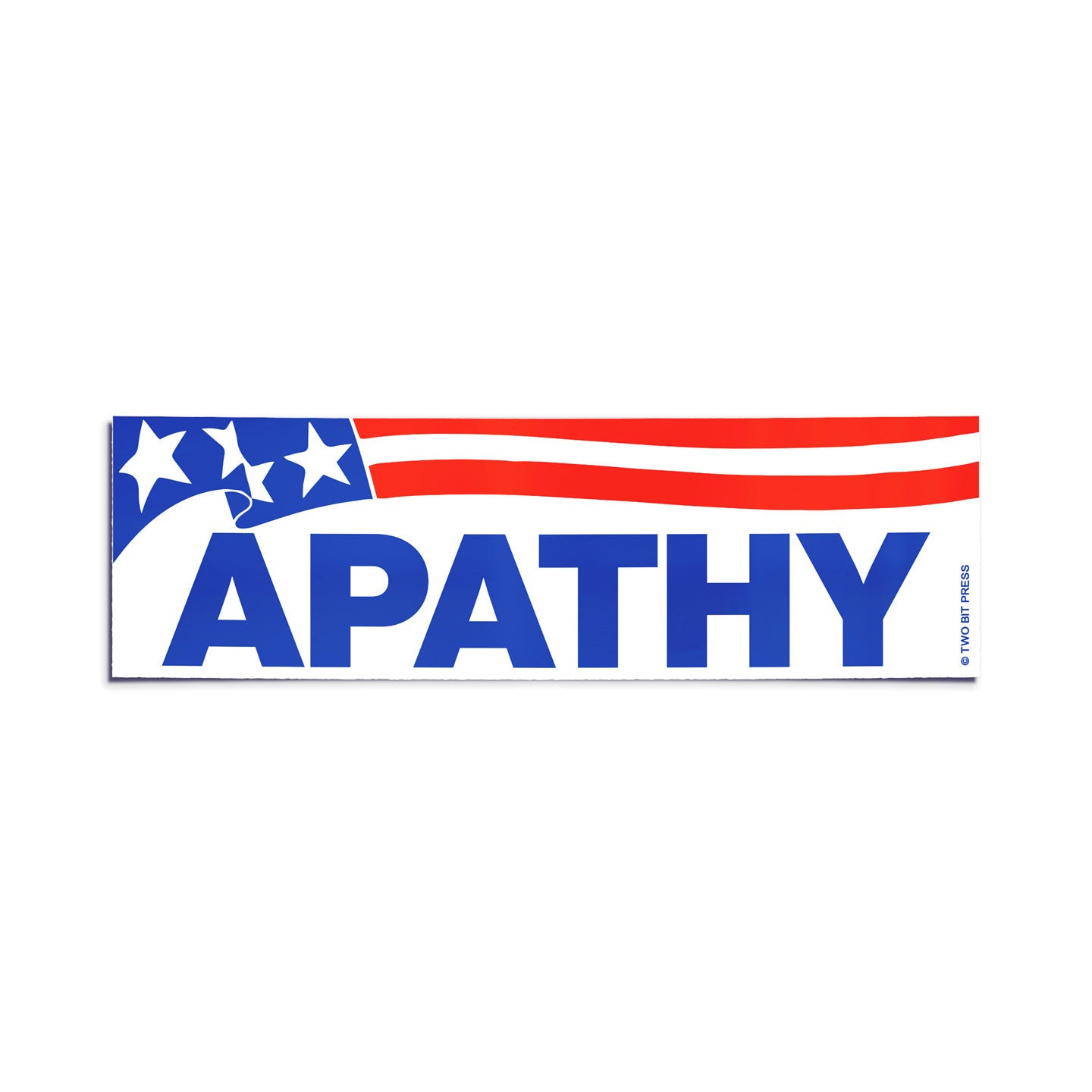 A vinyl bumper sticker showing the American flag and the text "APATHY" on a white background.