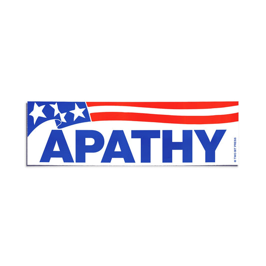 A vinyl bumper sticker showing the American flag and the text "APATHY" on a white background.