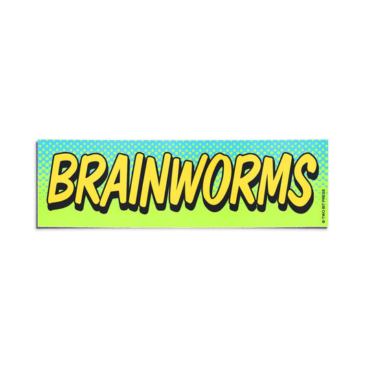 A vinyl bumper sticker reading "BRAINWORMS" on a white background.