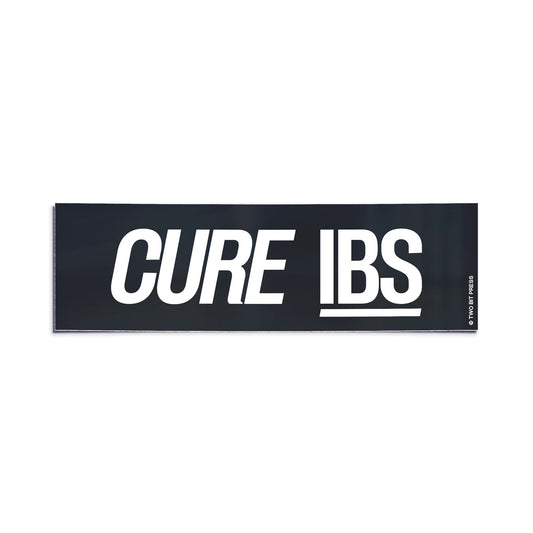 A vinyl bumper sticker reading "CURE IBS" on a white background.