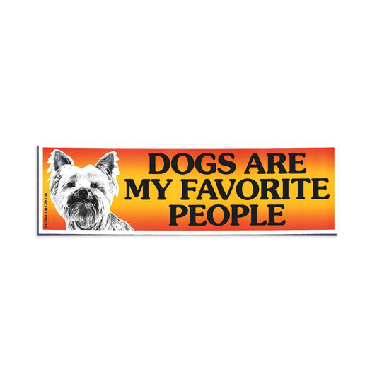 A vinyl bumper sticker showing a dog and the text "DOGS ARE MY FAVORITE PEOPLE" on a white background.