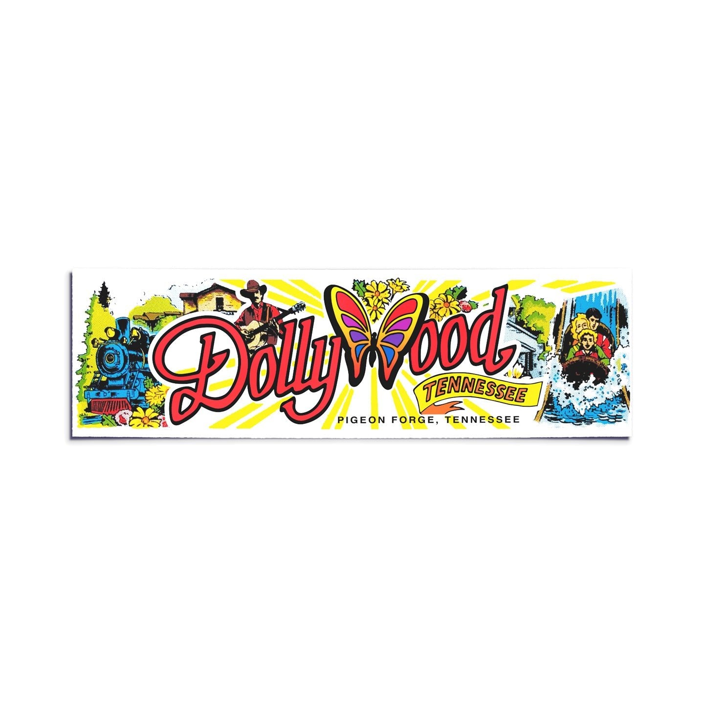 A vinyl bumper sticker showing a train, guitar cowboy, water ride and the text "Dollywood" on a white background.