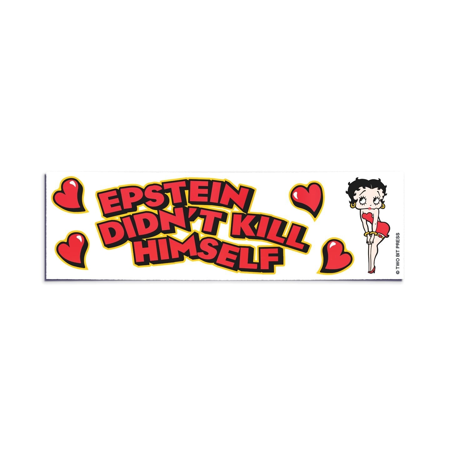 A vinyl bumper sticker showing Betty Boop and the text "EPSTEIN DIDN'T KILL HIMSELF" on a white background.