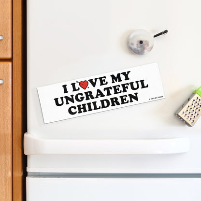 A vinyl bumper magnet reading "I LOVE MY UNGRATEFUL CHILDREN" on a white fridge.
