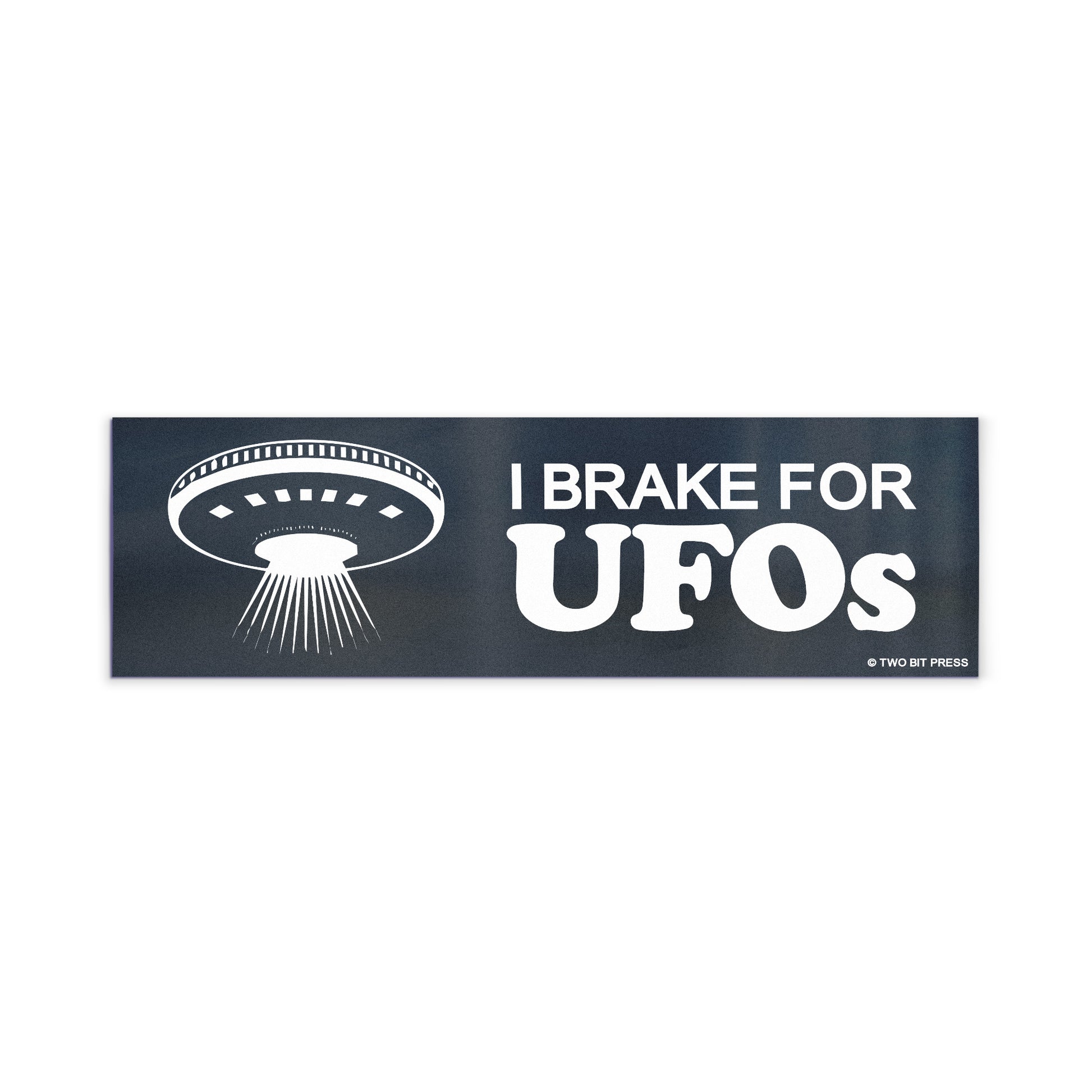 A vinyl bumper magnet showing a flying saucer and the text "I BRAKE FOR UFOS" on a white background.