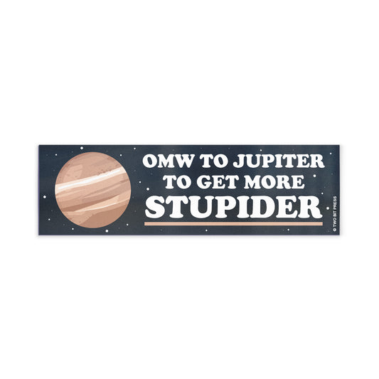 A vinyl bumper magnet showing Jupiter and the text "OMW to JUPITER" on a white background.