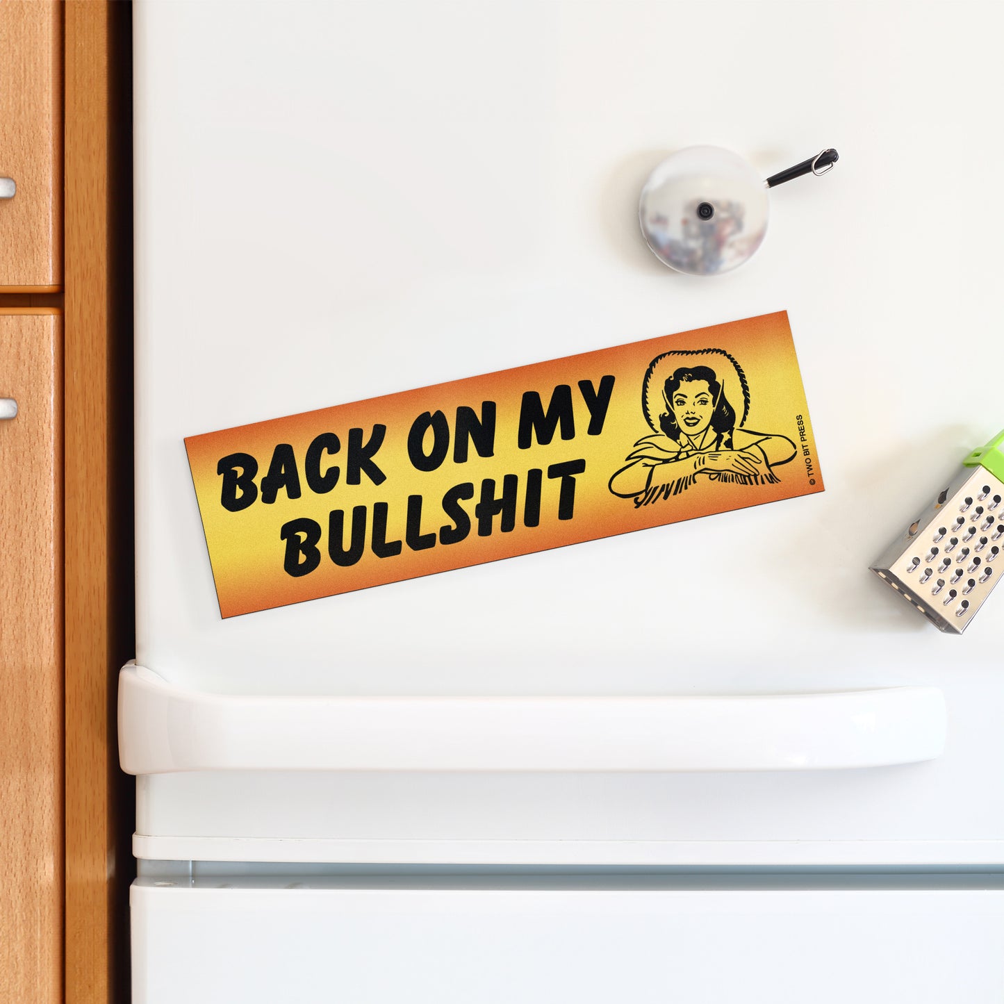 A vinyl bumper magnet reading "BACK ON MY BULLSHIT" on a white fridge.