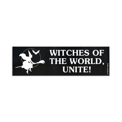 A vinyl bumper magnet showing a witch on a broomstick with the text "WITCHES OF THE WORLD, UNITE" on a white background.