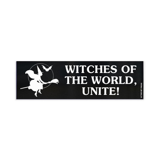 A vinyl bumper magnet showing a witch on a broomstick with the text "WITCHES OF THE WORLD, UNITE" on a white background.