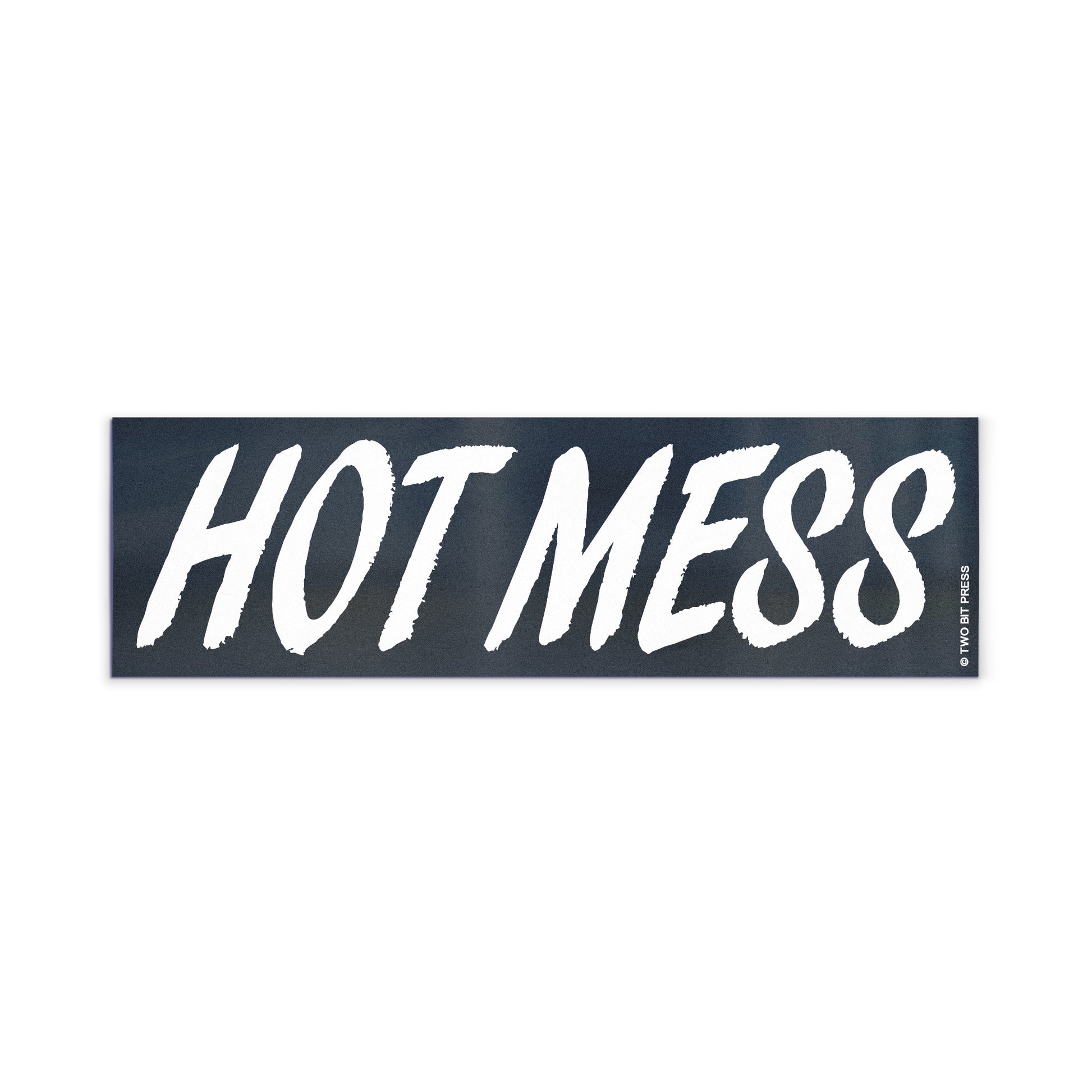 A vinyl bumper magnet reading "HOT MESS" on a white background.