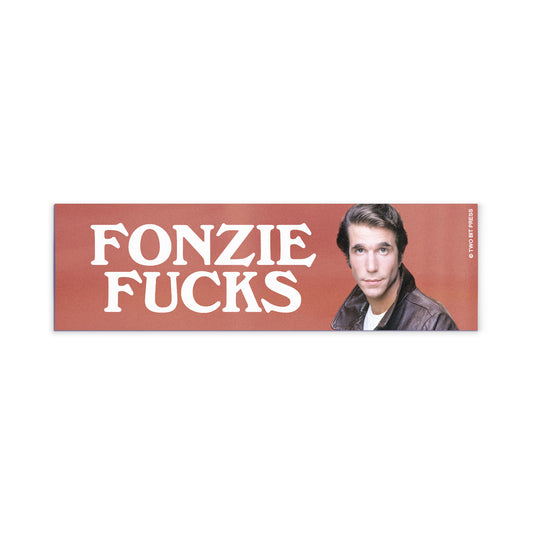 A vinyl bumper magnet showing the Fonz and the text "FONZIE FUCKS" on a white background.