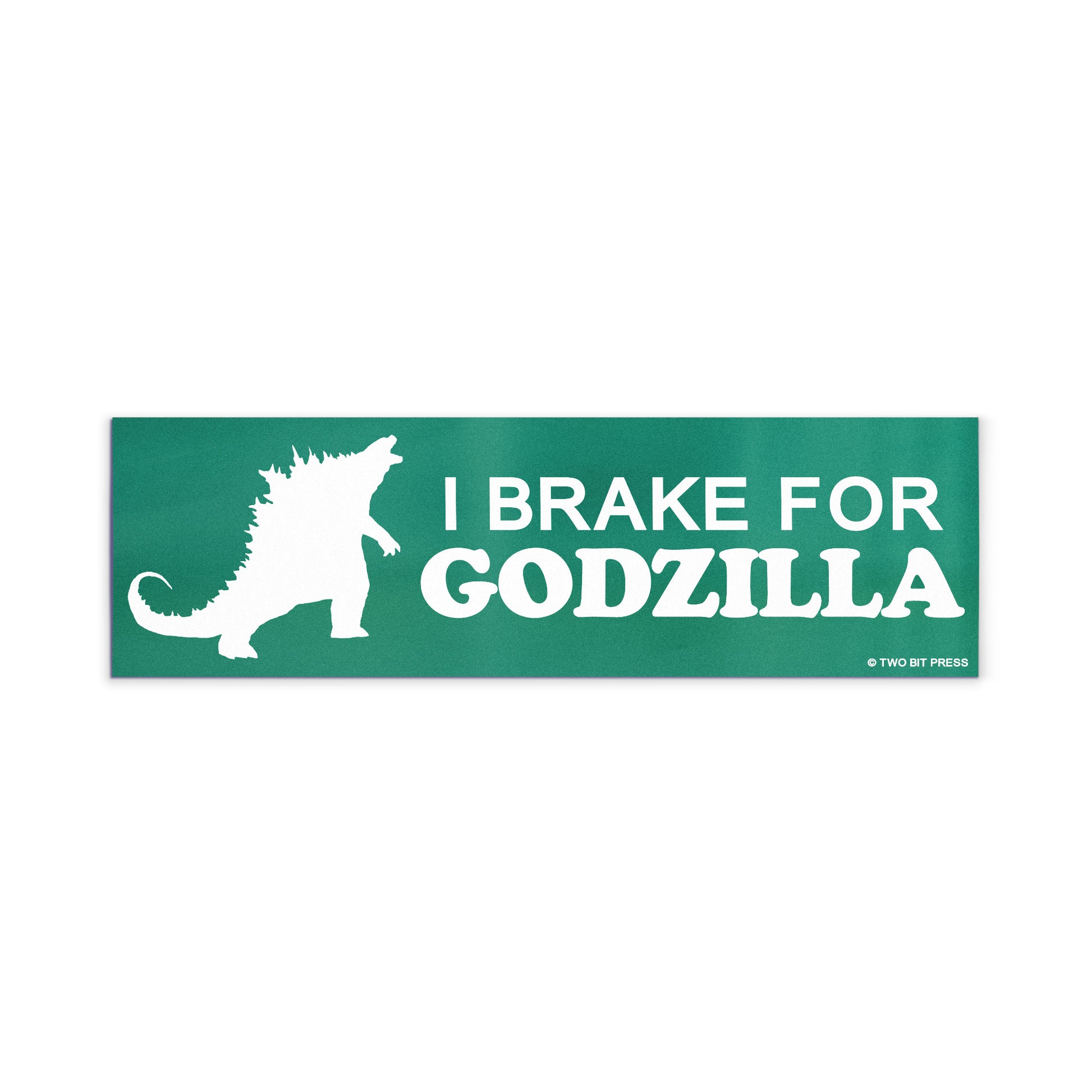 A vinyl bumper magnet showing Godzilla and the text "I BRAKE FOR GODZILLA" on a white background.