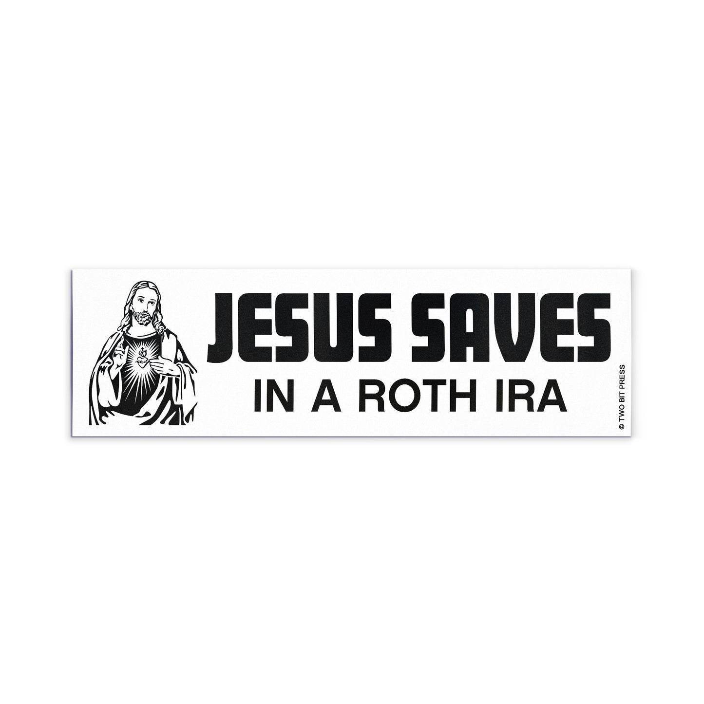 A vinyl bumper magnet showing Jesus and the text "JESUS SAVES IN A ROTH IRA" on a white background.
