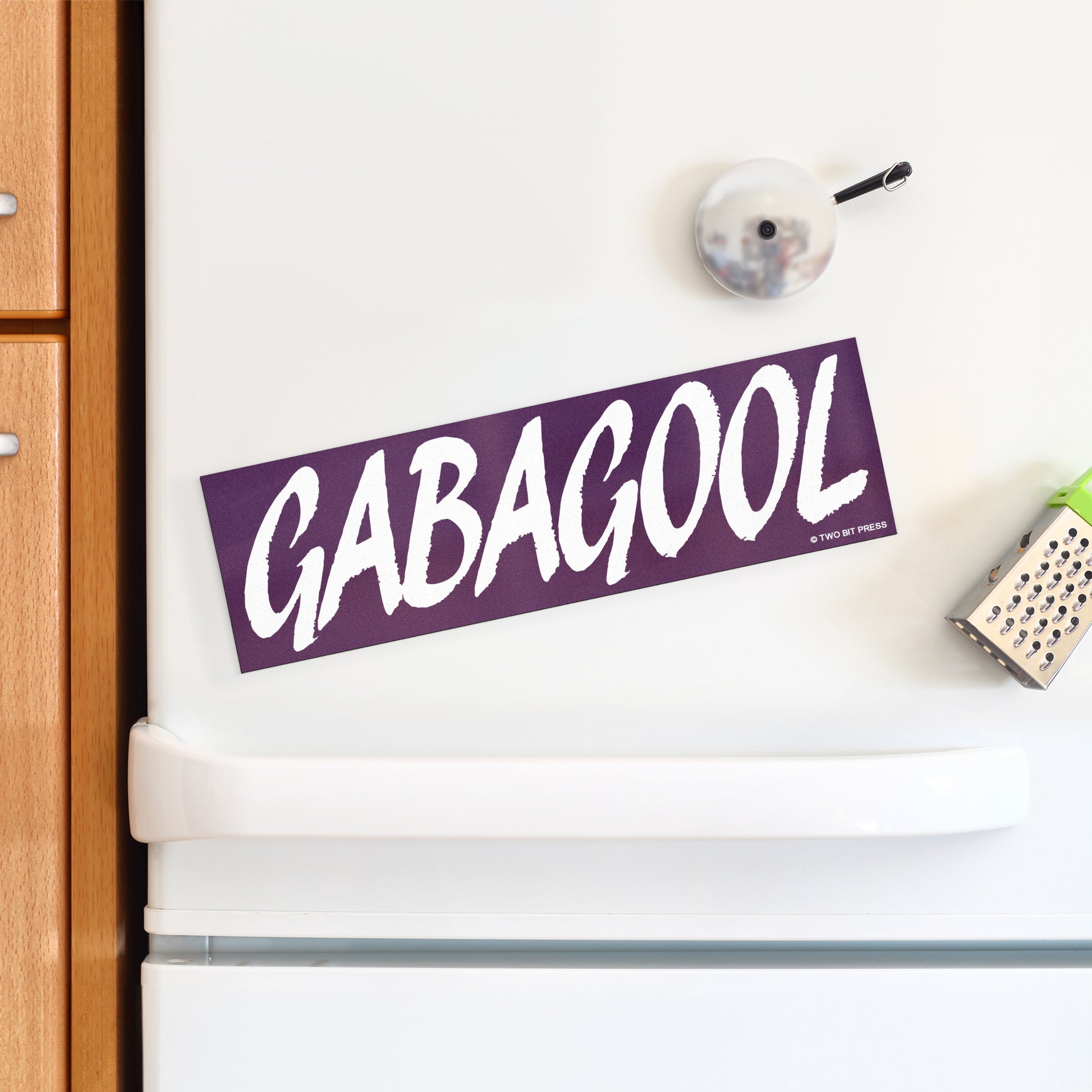 A vinyl bumper magnet reading "GABAGOOL" on a white fridge.