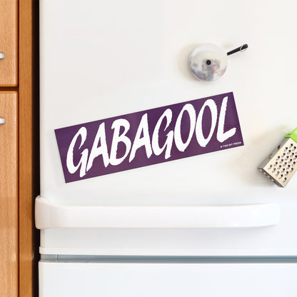 A vinyl bumper magnet reading "GABAGOOL" on a white fridge.