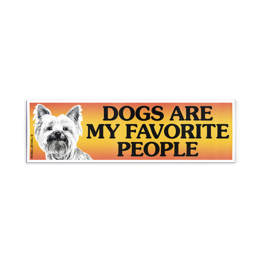 A vinyl bumper magnet showing a dog and the text "DOGS ARE MY FAVORITE PEOPLE" on a white background.