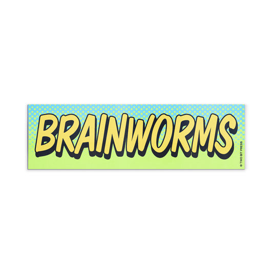 A vinyl bumper magnet reading "BRAINWORMS" on a white background.