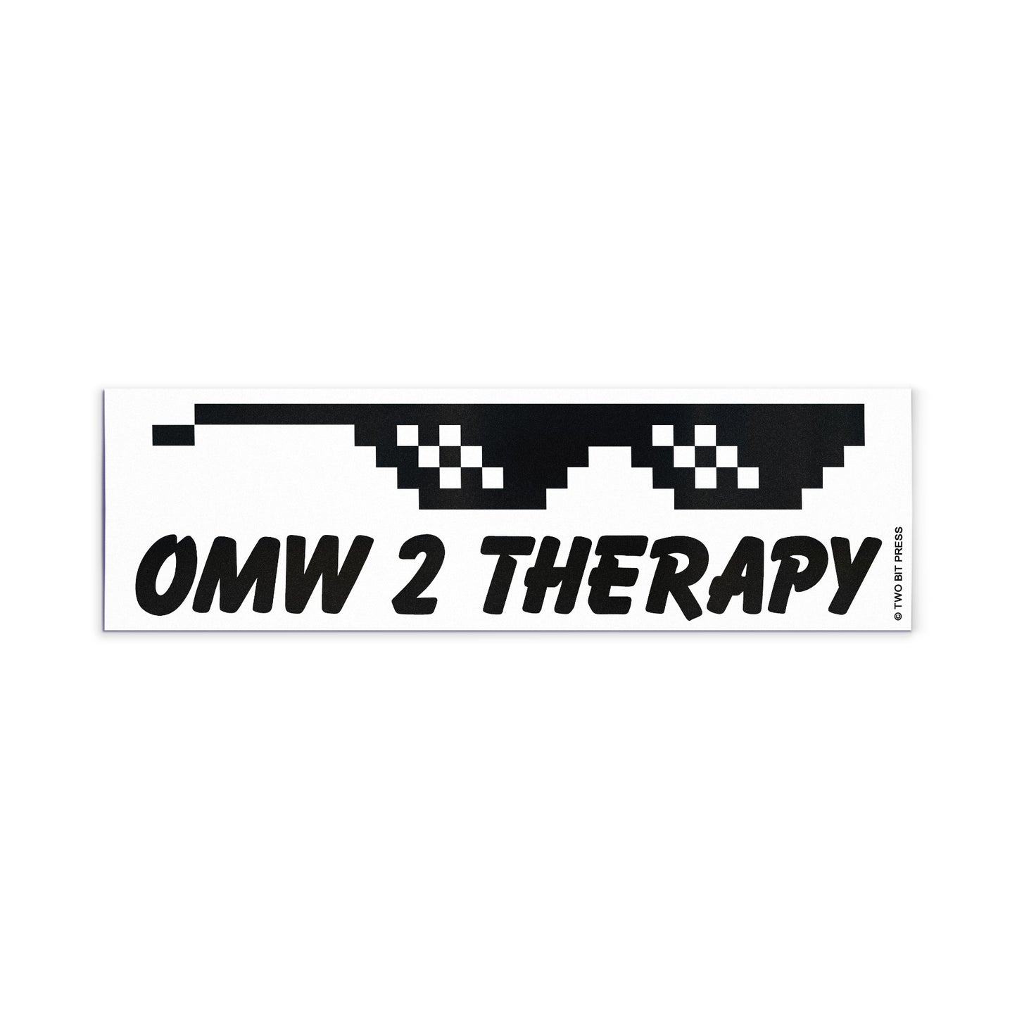 A vinyl bumper magnet showing sunglasses and the text "OMW 2 THERAPY" on a white background.
