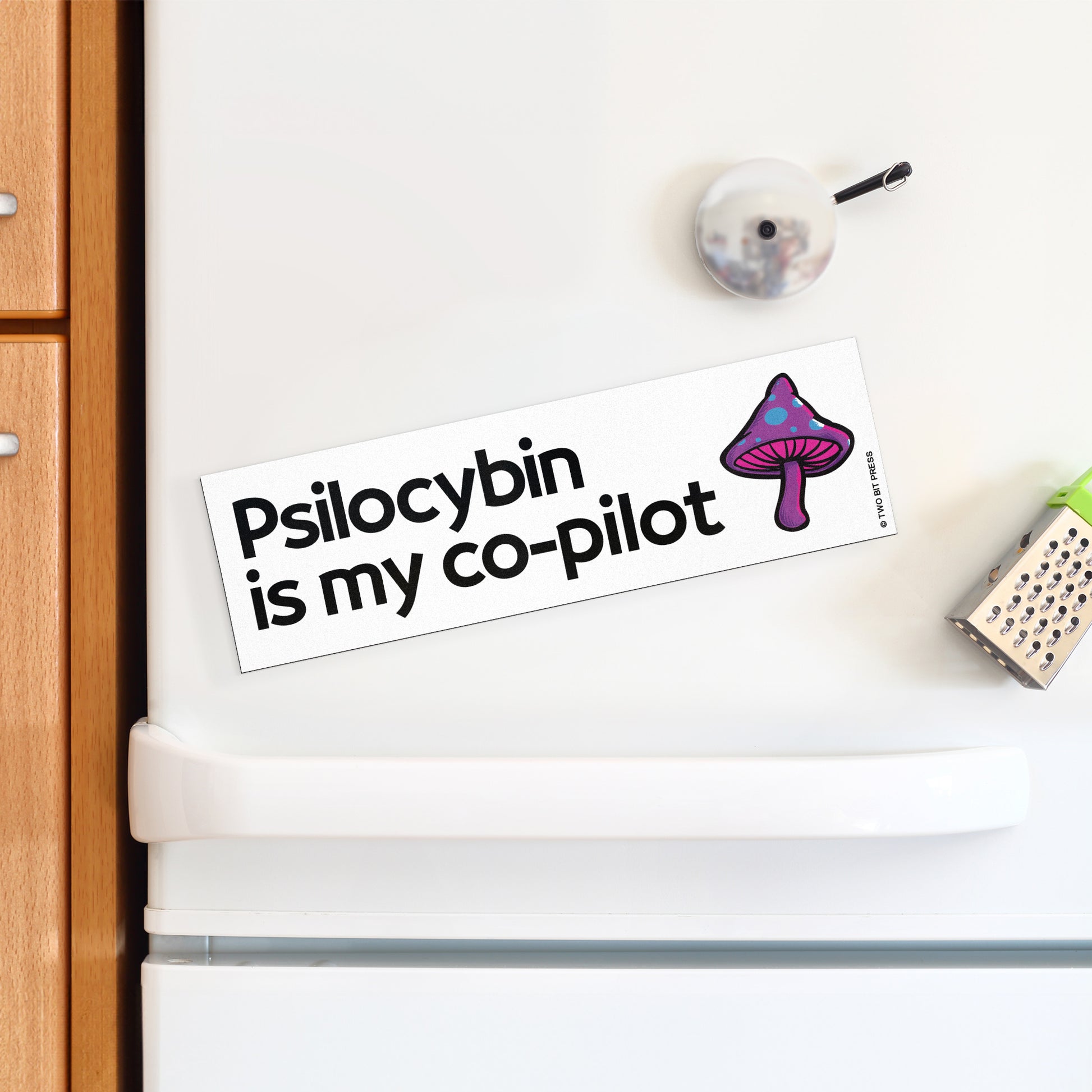 A vinyl bumper magnet showing a mushroom and the text "Psilocybin is my co-pilot" on a white fridge.