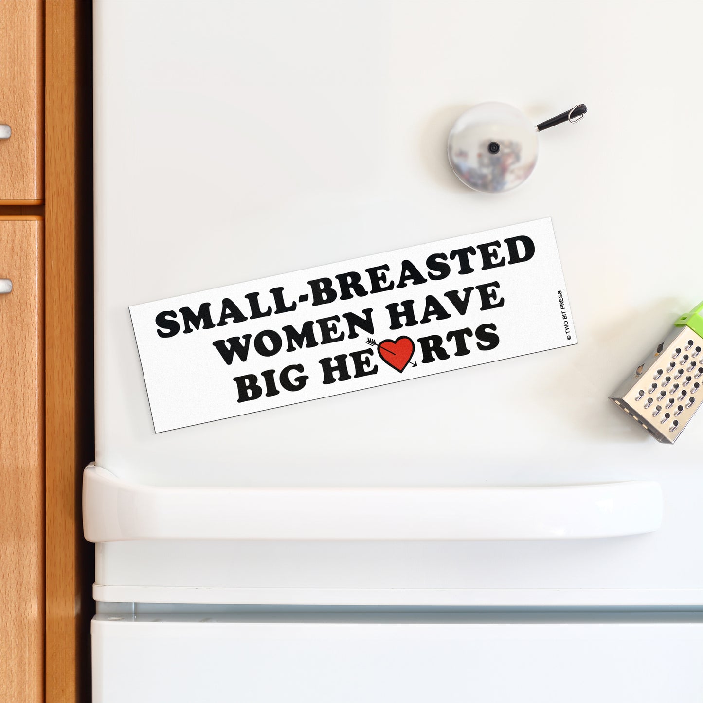 A vinyl bumper magnet reading "SMALL-BREASTED WOMEN HAVE BIG HEARTS" on a white fridge.