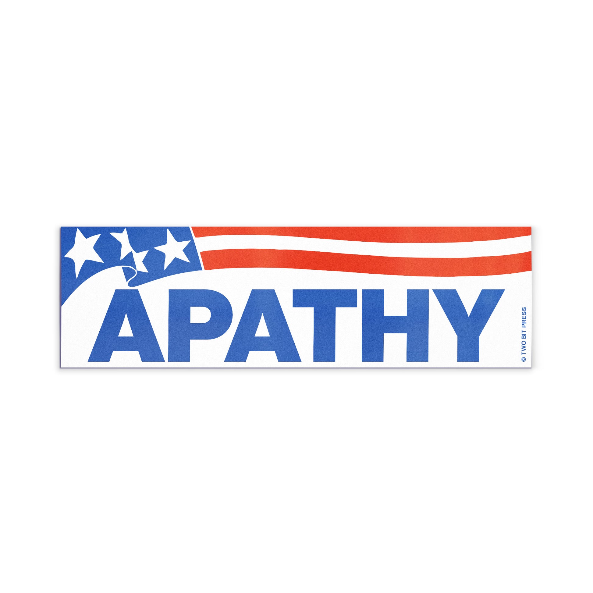 A vinyl bumper magnet showing the American flag and the text "APATHY" on a white background.