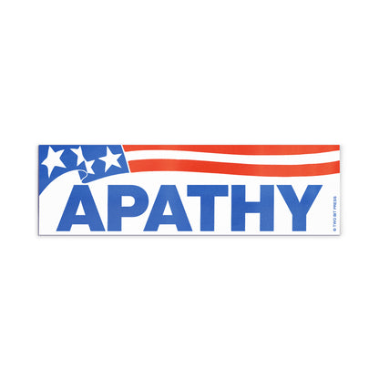 A vinyl bumper magnet showing the American flag and the text "APATHY" on a white background.
