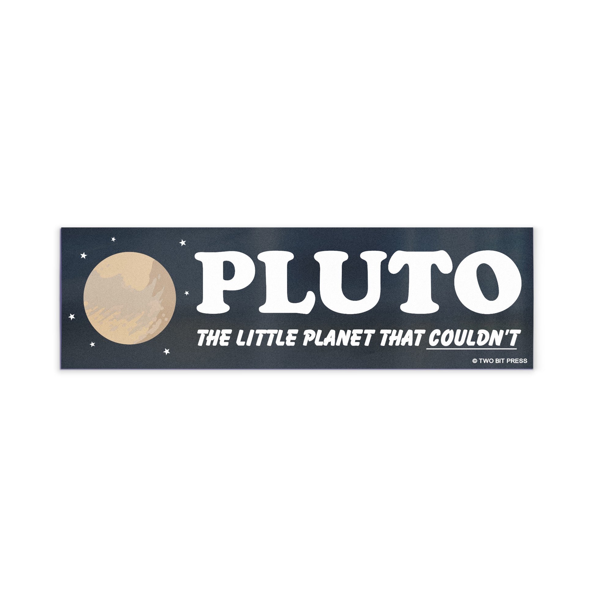 A vinyl bumper magnet showing Pluto and the text "PLUTO Little Planet" on a white background.