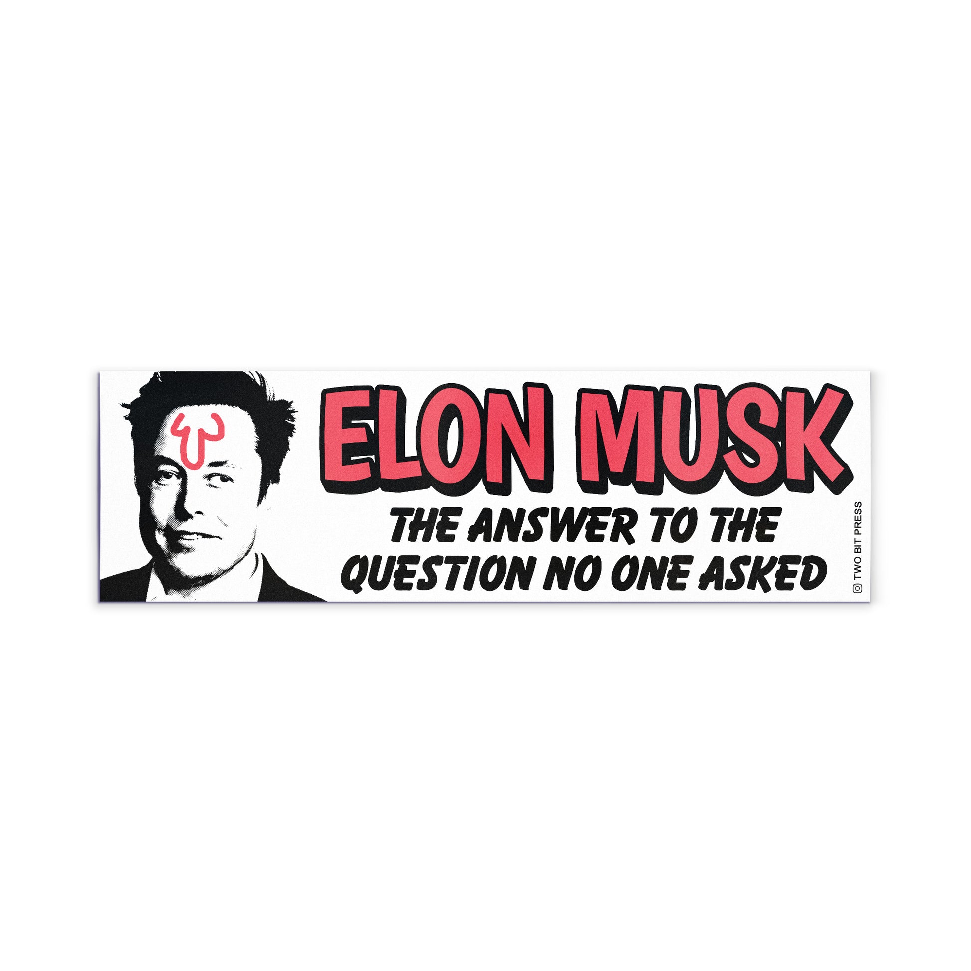 A bumper magnet showing Elon Musk and the text "ELON MUSK THE ANSWER TO THE QUESTION NO ONE ASKED" on a white background.