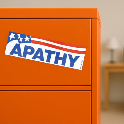 A vinyl bumper magnet showing the American flag and the text "APATHY" on orange filing cabinet.