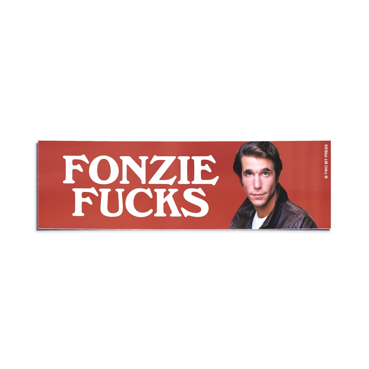 A vinyl bumper sticker showing the Fonz and the text "FONZIE FUCKS" on a white background.