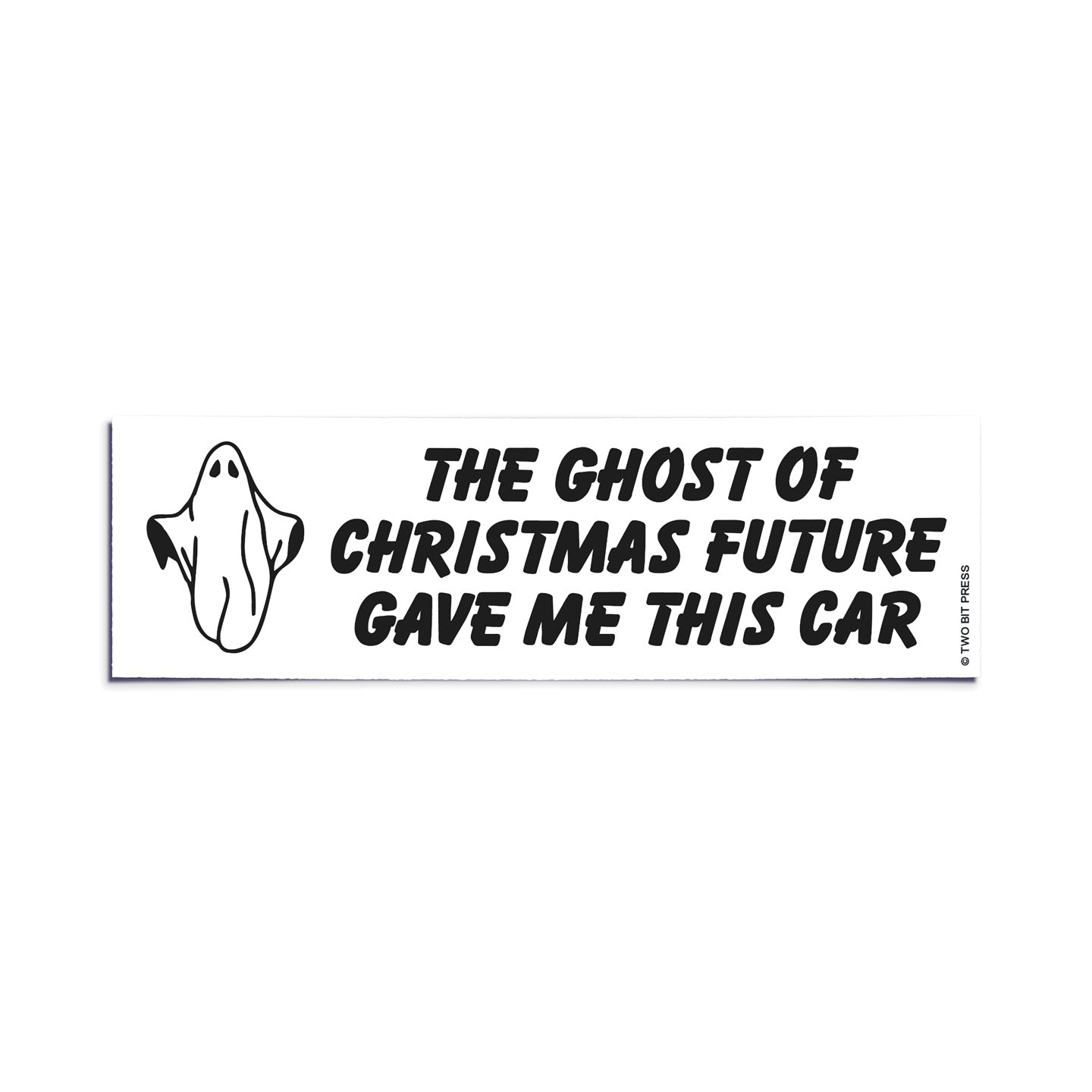 A vinyl bumper sticker showing a ghost and the text "THE GHOST OF CHRISTMAS FUTURE GAVE ME THIS CAR" on a white background.