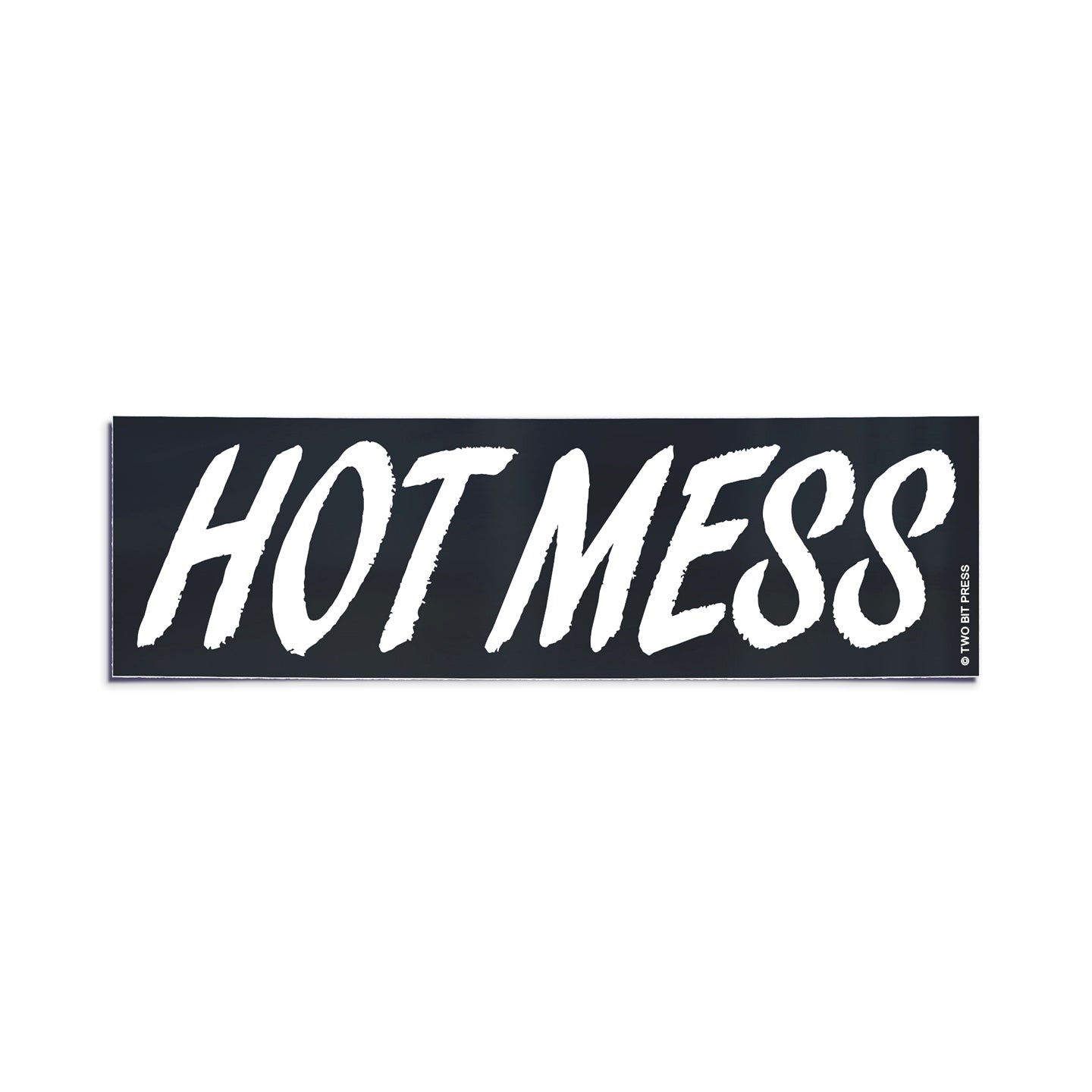 A vinyl bumper sticker reading "HOT MESS" on a white background.