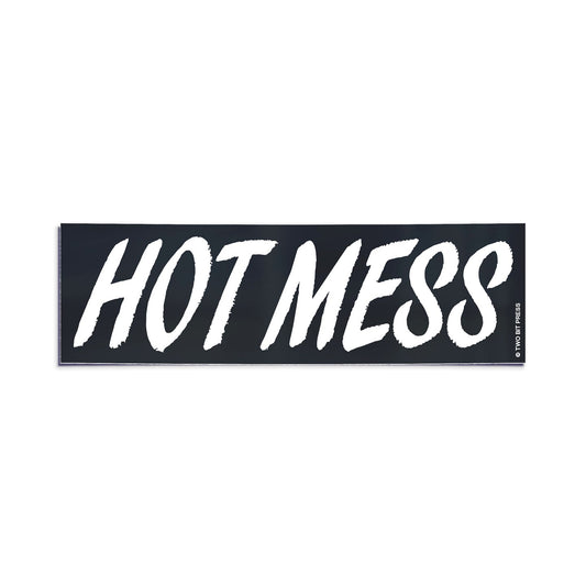 A vinyl bumper sticker reading "HOT MESS" on a white background.
