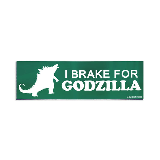 A vinyl bumper sticker showing Godzilla and the text "I BRAKE FOR GODZILLA" on a white background.