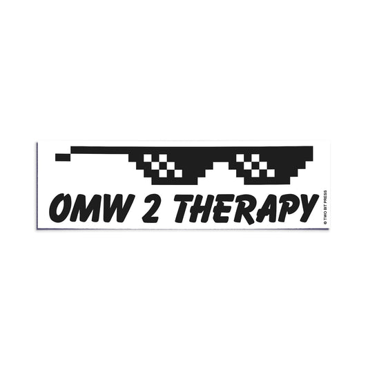 A vinyl bumper sticker showing sunglasses and the text "OMW 2 THERAPY" on a white background.