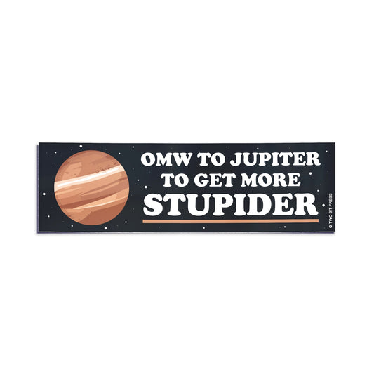 A vinyl bumper sticker showing Jupiter and the text "OMW to JUPITER" on a white background.