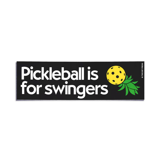 A vinyl bumper sticker shwoing a pineapple and the text "Pickleball is for swingers" on a white background.