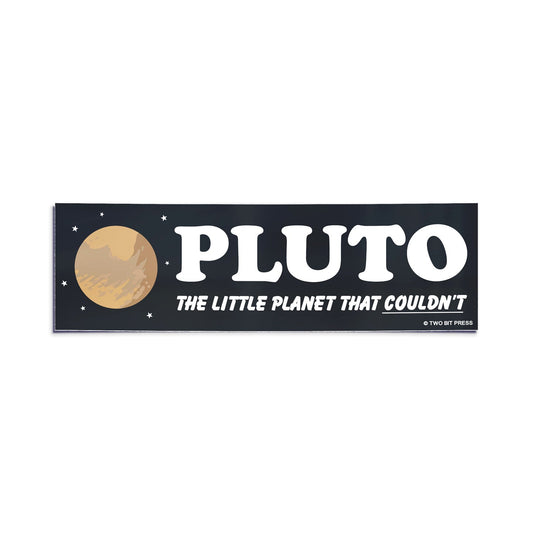 A vinyl bumper sticker showing Pluto and the text "PLUTO Little Planet" on a white background.