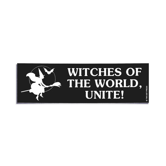 A vinyl bumper sticker showing a witch on a broomstick with the text "WITCHES OF THE WORLD, UNITE" on a white background.